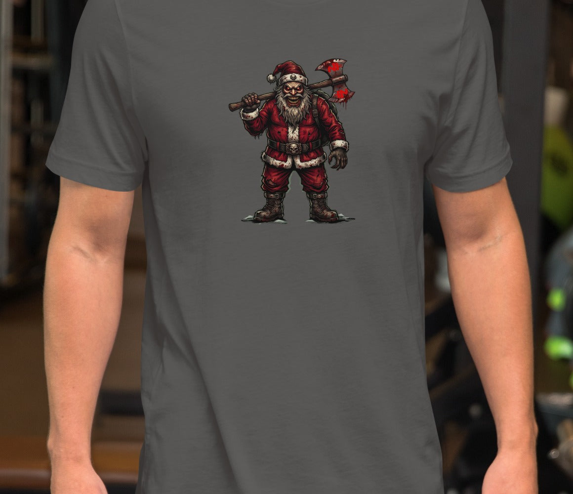 Santa Clause Unisex Tee, Asphalt, model wearing shirt