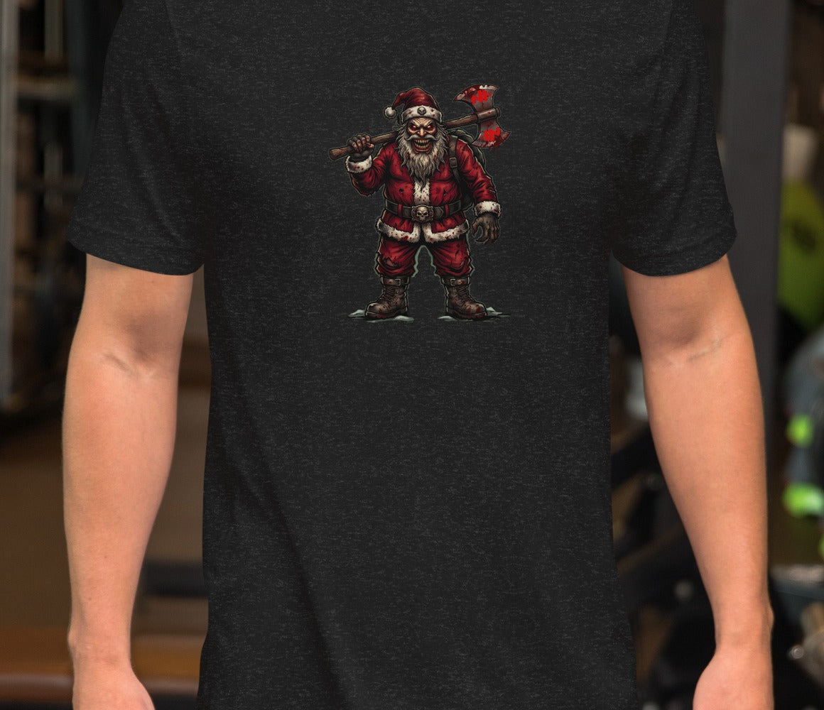 Santa Clause Unisex Tee, Black Heather, model wearing shirt