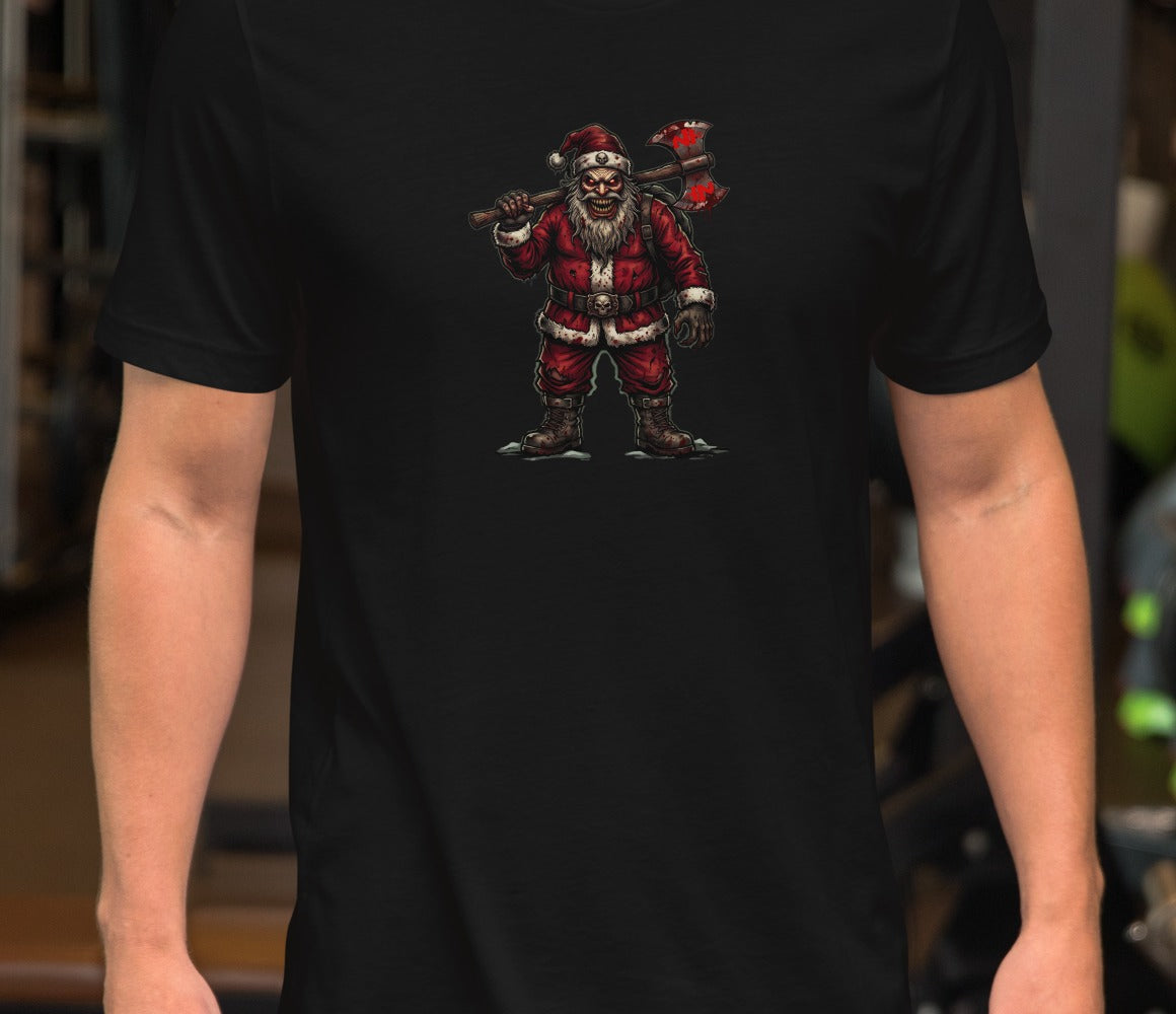 Santa Clause Unisex Tee, Black, model wearing shirt