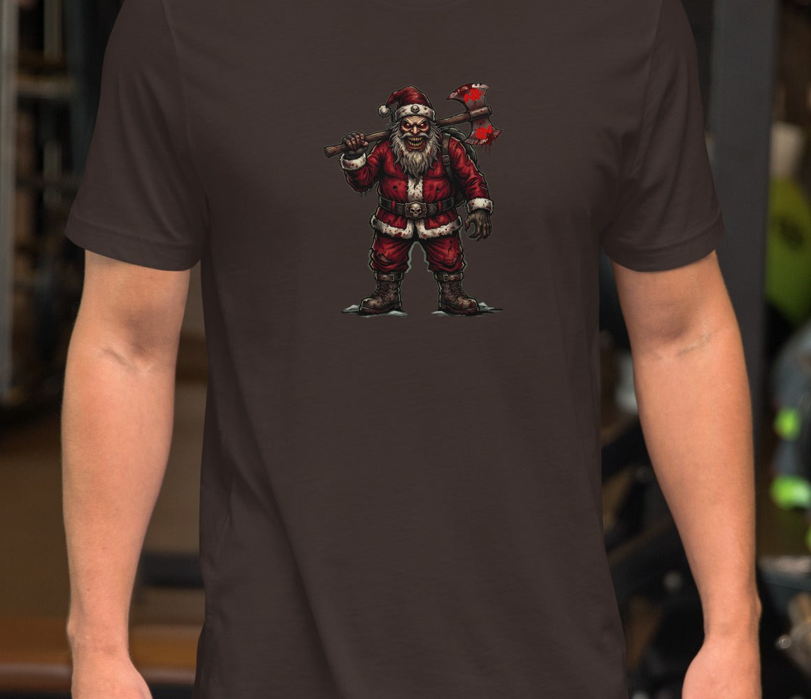 Santa Clause Unisex Tee, Brown, model wearing shirt