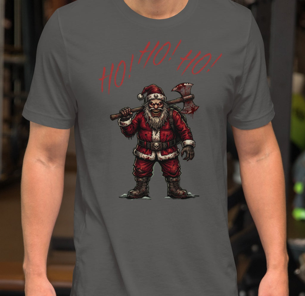 Ho Ho Ho Santa Clause Unisex Tee, Asphalt, model wearing shirt with Santa graphic
