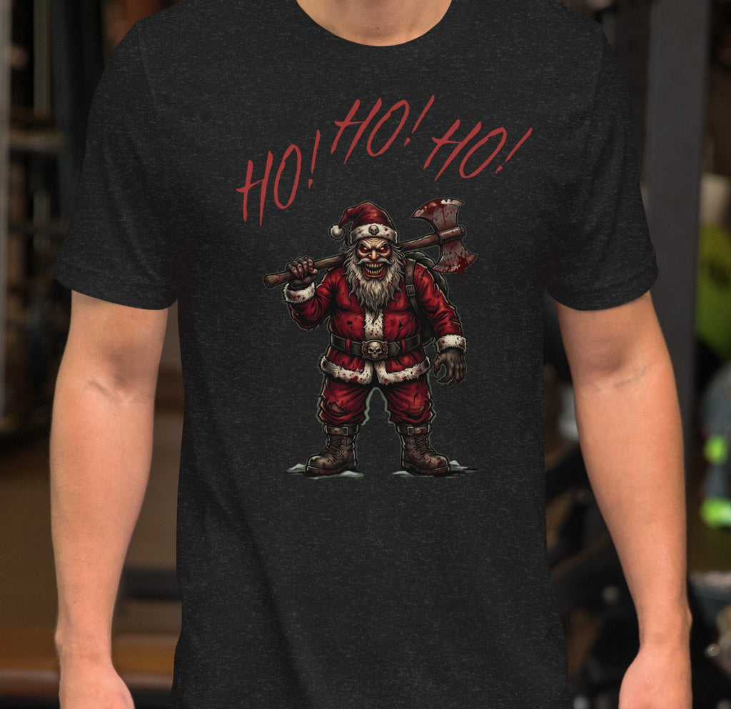 Ho Ho Ho Santa Clause Unisex Tee, Black Heather, model wearing shirt with Santa graphic