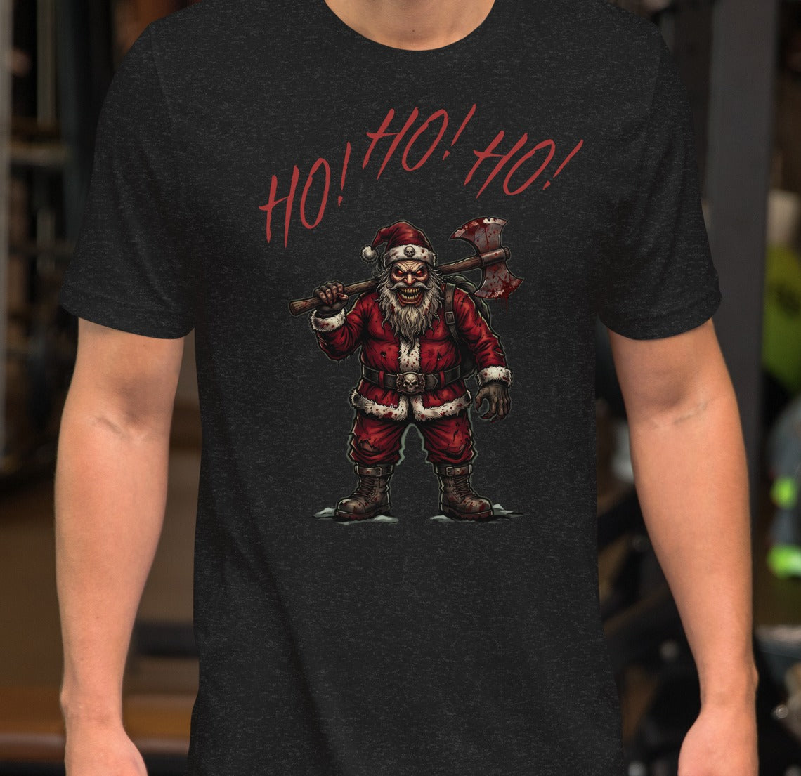 Ho Ho Ho Santa Clause Unisex Tee, Black Heather, model wearing shirt with Santa graphic