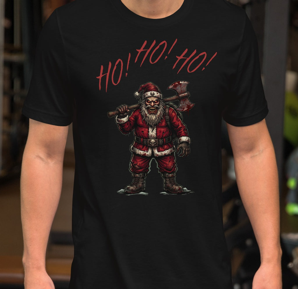 Ho Ho Ho Santa Clause Unisex Tee, Black, model wearing shirt with Santa graphic