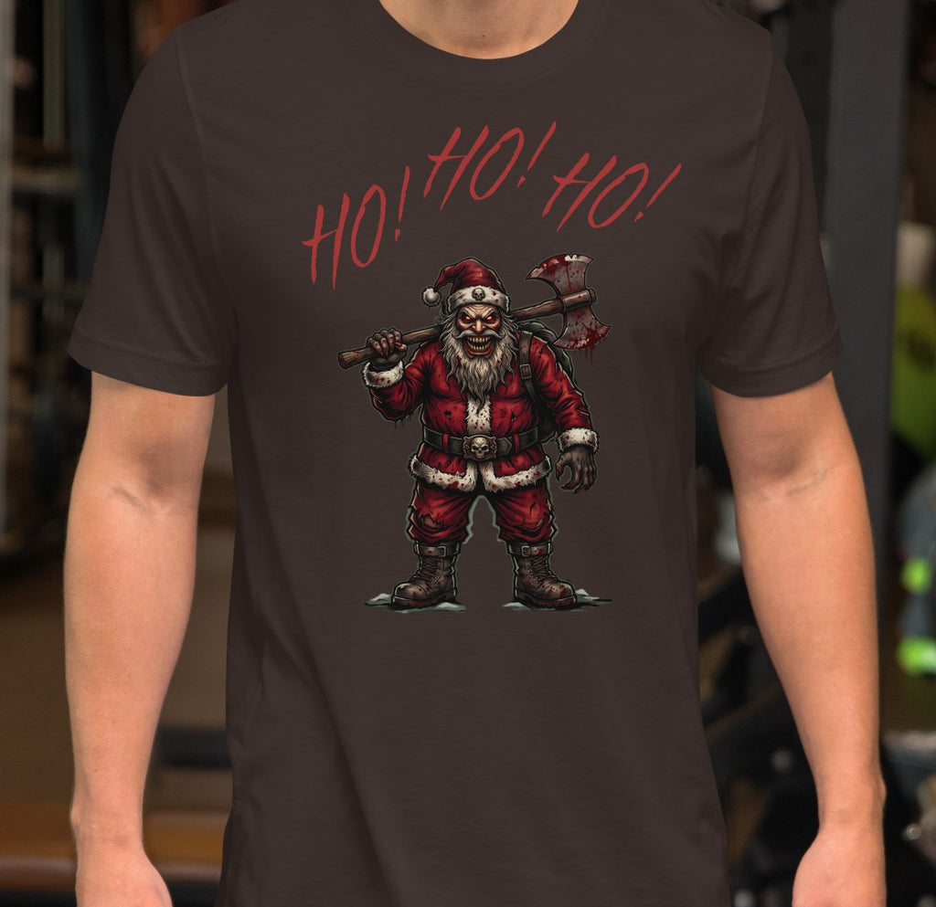 Ho Ho Ho Santa Clause Unisex Tee, Brown, model wearing shirt with Santa graphic