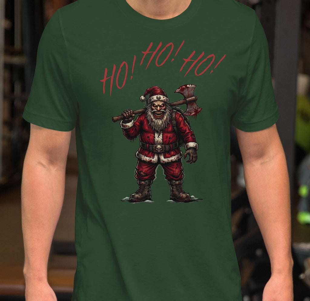 Ho Ho Ho Santa Clause Unisex Tee, Forest, model wearing shirt with Santa graphic