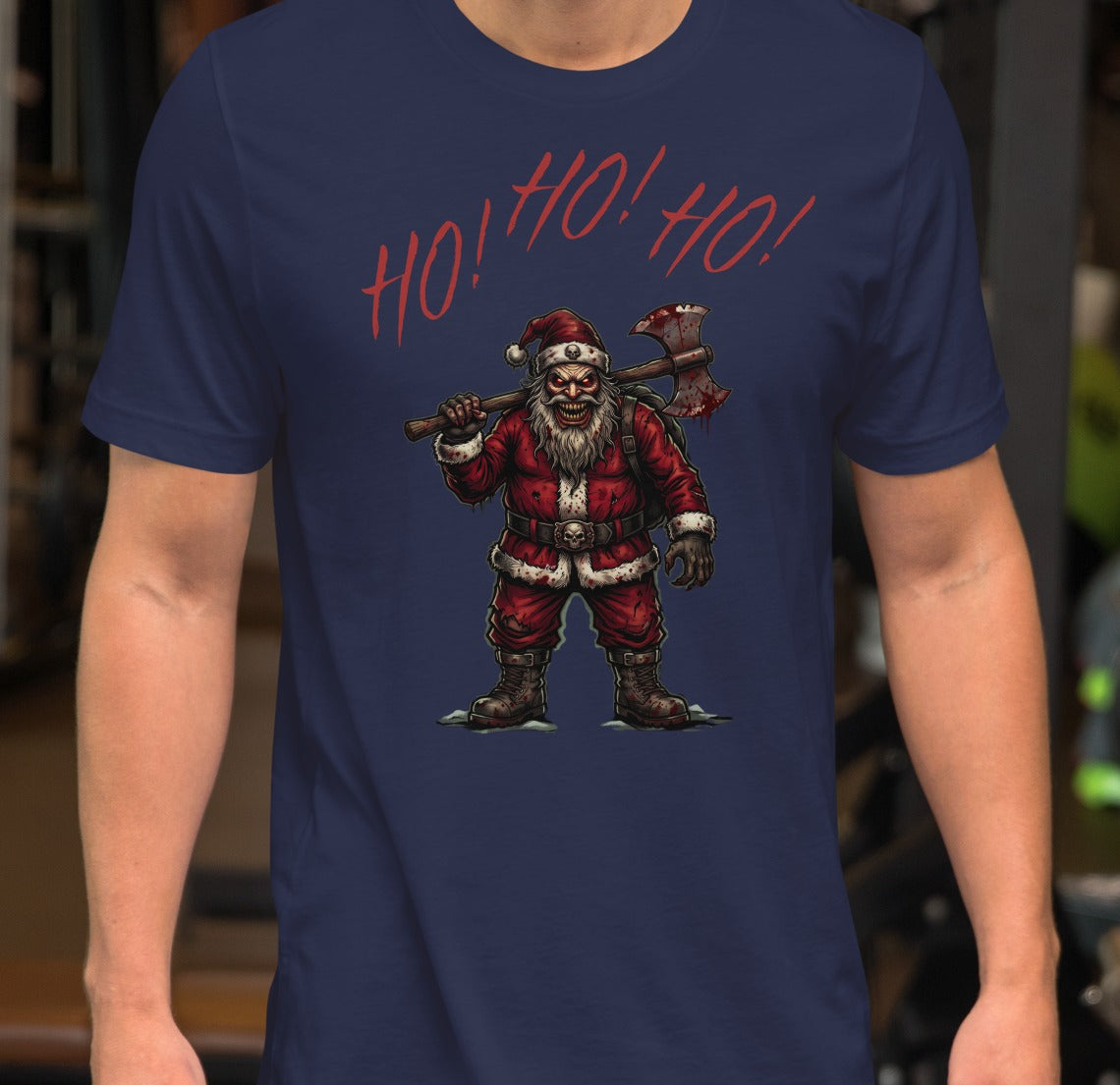 Ho Ho Ho Santa Clause Unisex Tee, Navy, model wearing shirt with Santa graphic