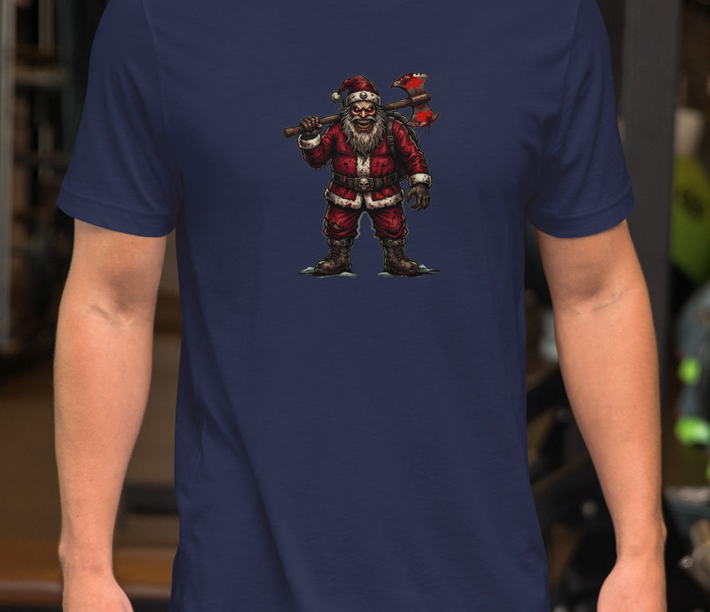 Santa Clause Unisex Tee, Navy, model wearing shirt