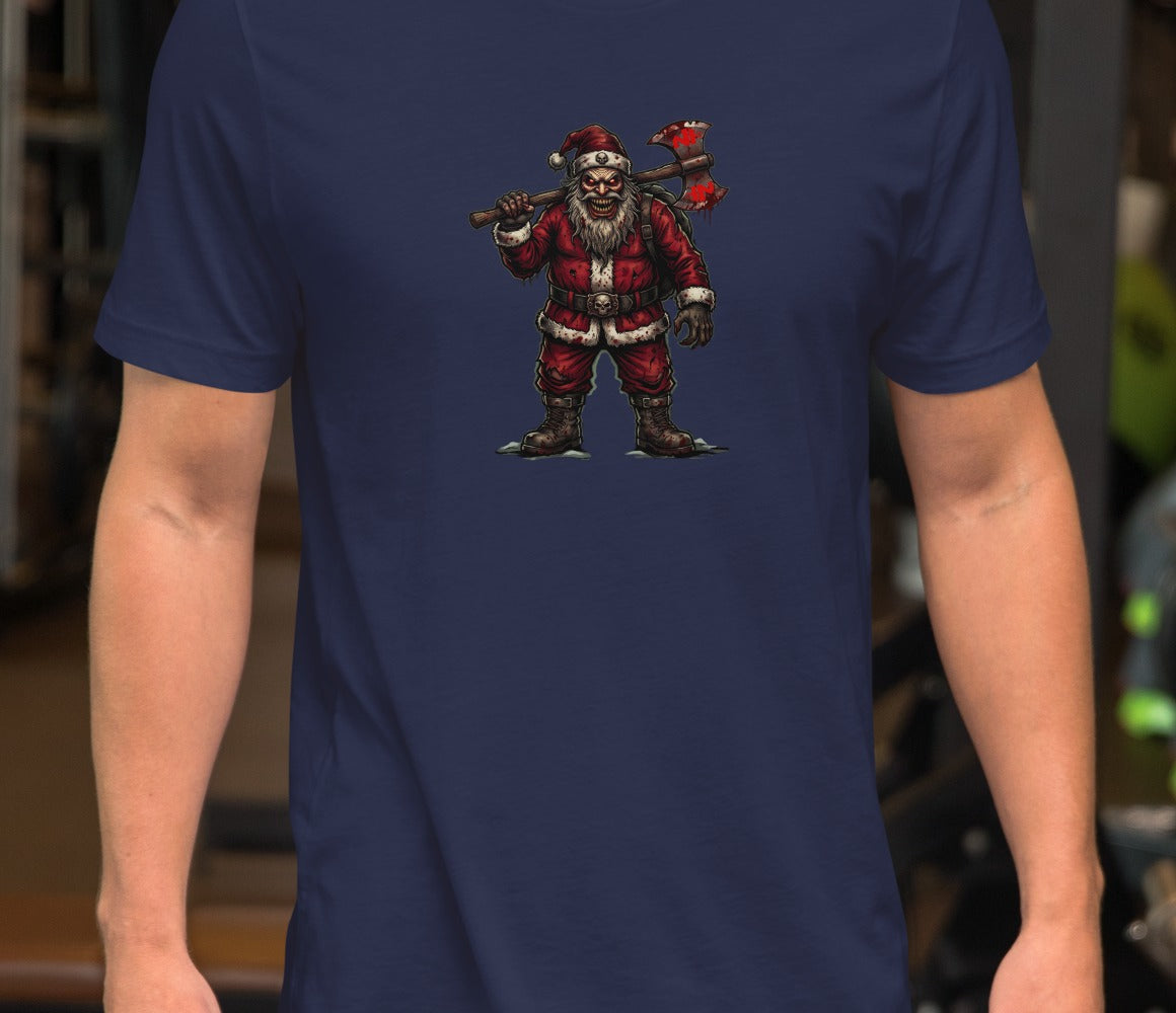 Santa Clause Unisex Tee, Navy, model wearing shirt