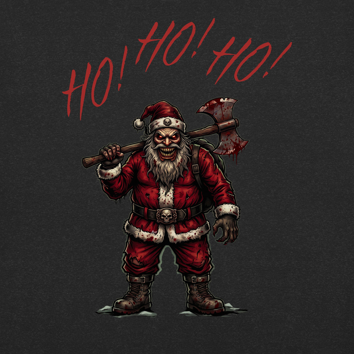 Ho Ho Ho Santa Clause close-up graphic on Black Heather long sleeve tee
