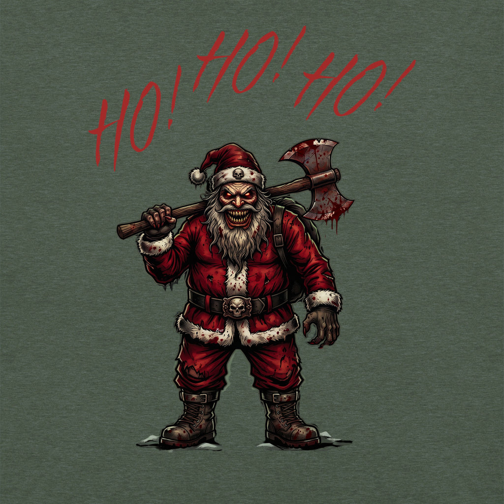 Ho Ho Ho Santa Clause close-up graphic on Heather Forest long sleeve tee