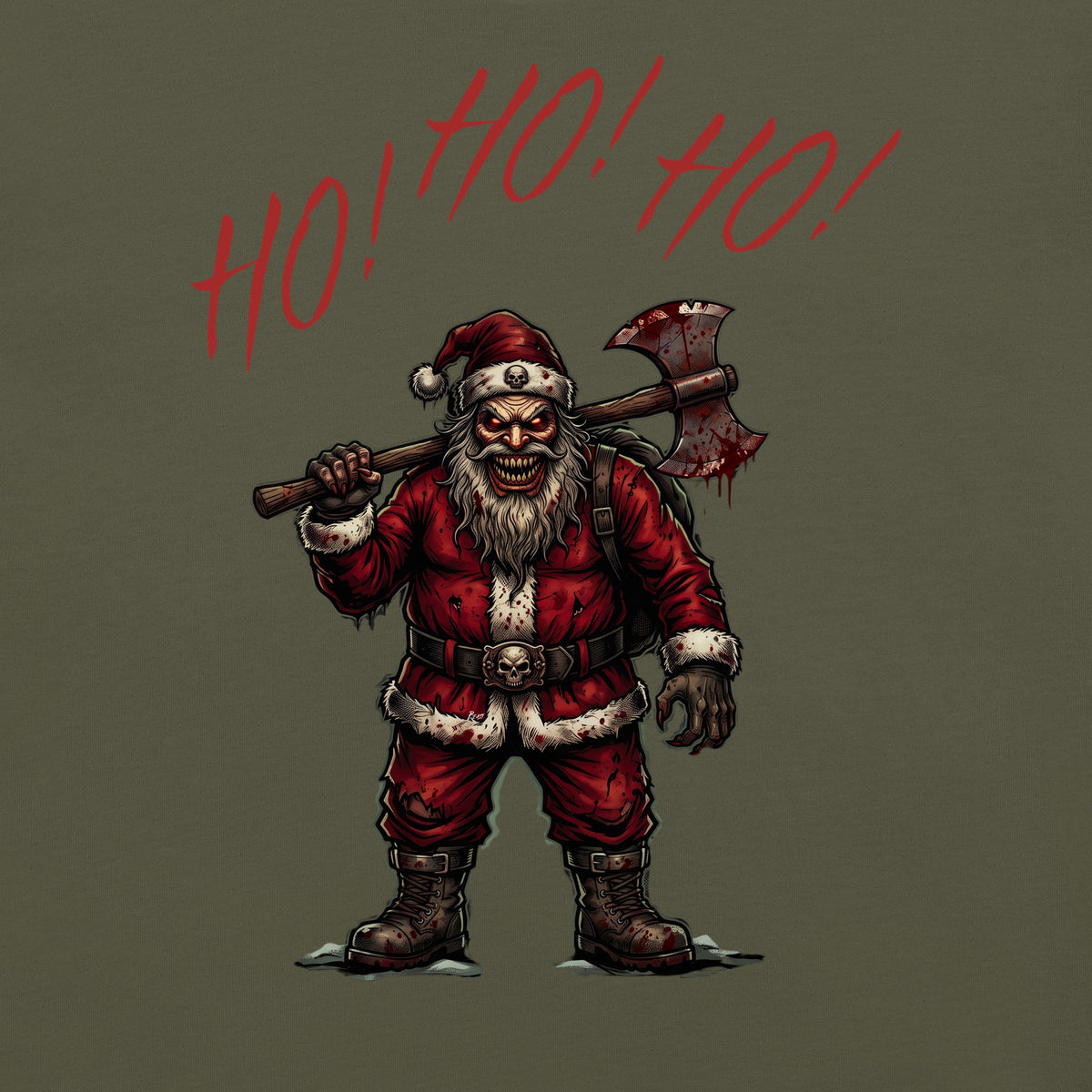 Ho Ho Ho Santa Clause close-up graphic on Military Green long sleeve tee