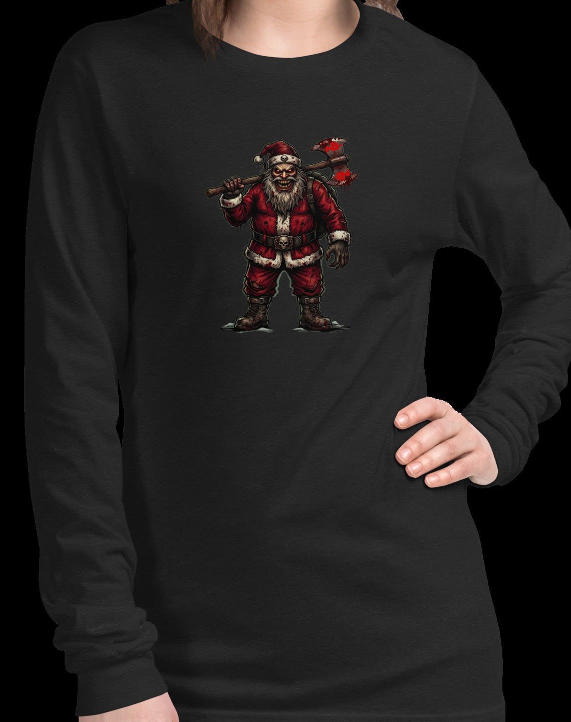 Santa Clause Unisex Long Sleeve Tee, Black Heather, model wearing shirt