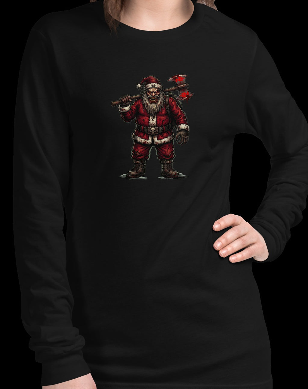 Santa Clause Unisex Long Sleeve Tee, Black, model wearing shirt