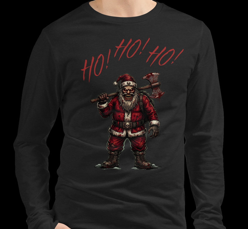 Model wearing Ho Ho Ho Santa Clause Black Heather long sleeve tee, cropped garment view