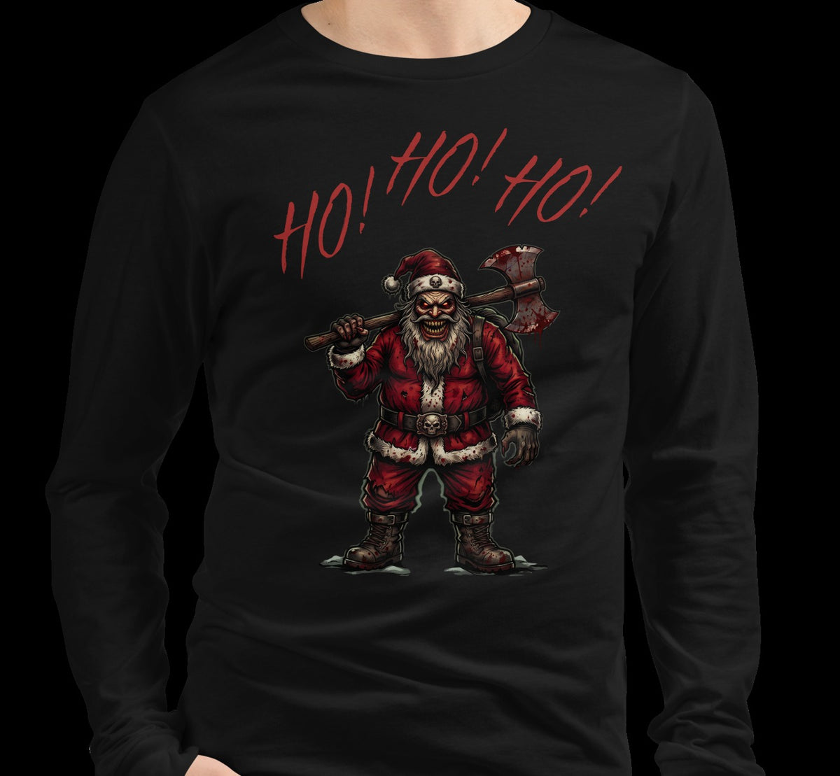 Model wearing Ho Ho Ho Santa Clause Black long sleeve tee, cropped garment view
