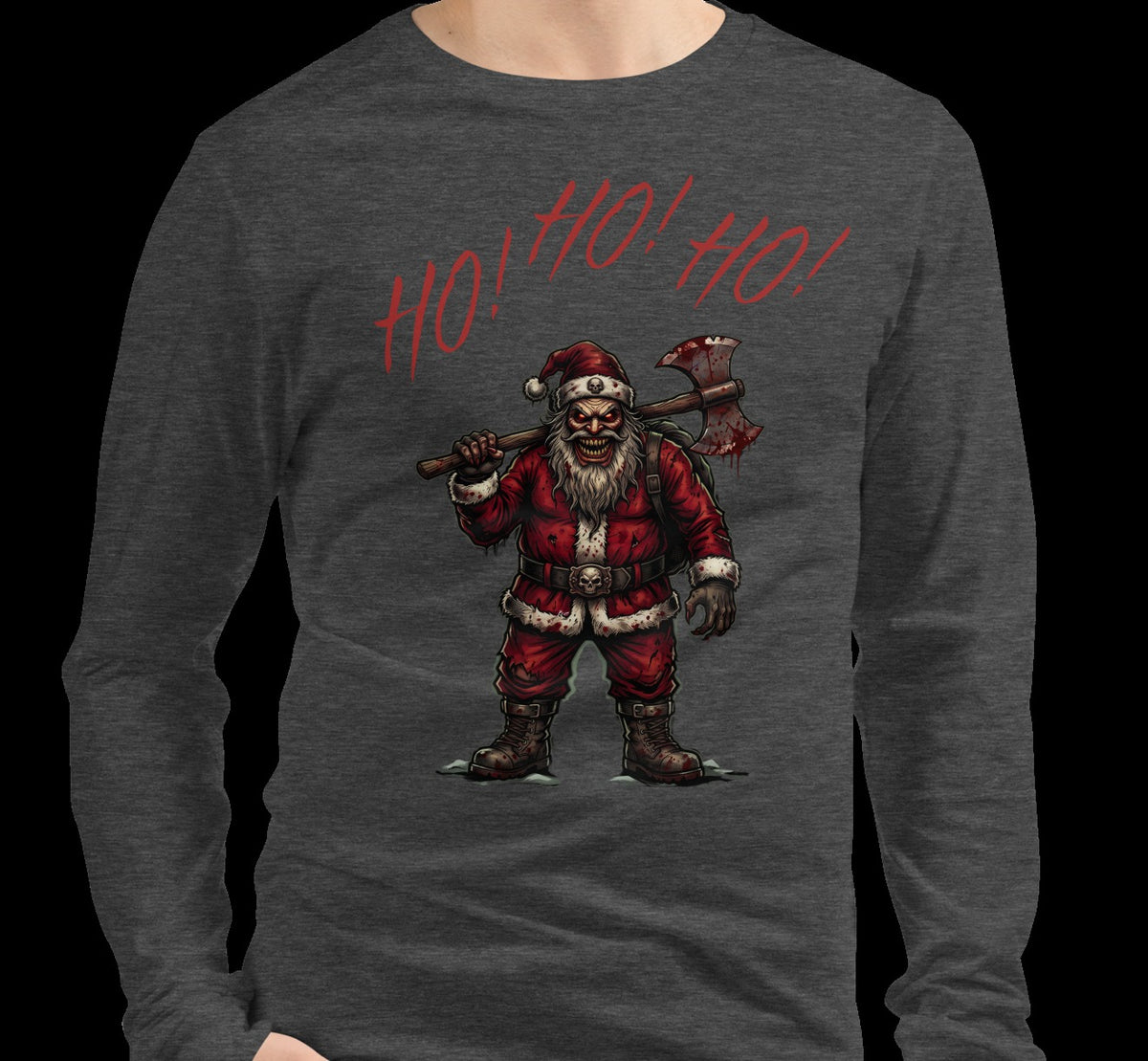 Model wearing Ho Ho Ho Santa Clause Dark Grey Heather long sleeve tee, cropped garment view
