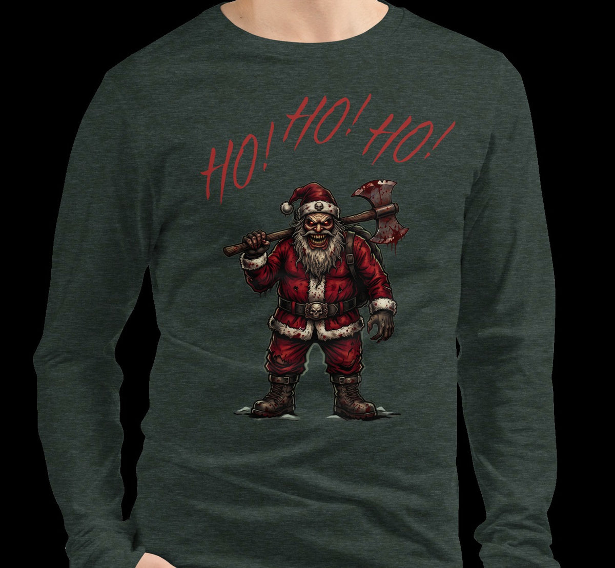 Model wearing Ho Ho Ho Santa Clause Heather Forest long sleeve tee, cropped garment view