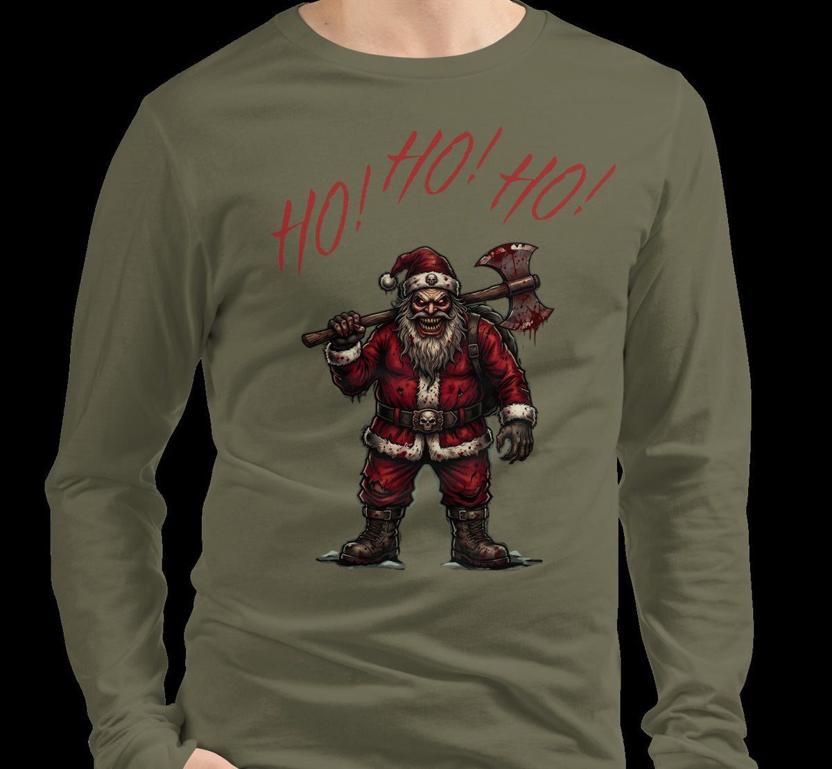 Model wearing Ho Ho Ho Santa Clause Military Green long sleeve tee, cropped garment view