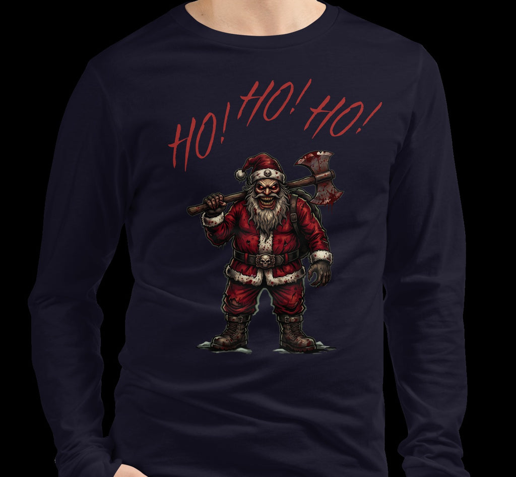 Model wearing Ho Ho Ho Santa Clause Navy long sleeve tee, cropped garment view