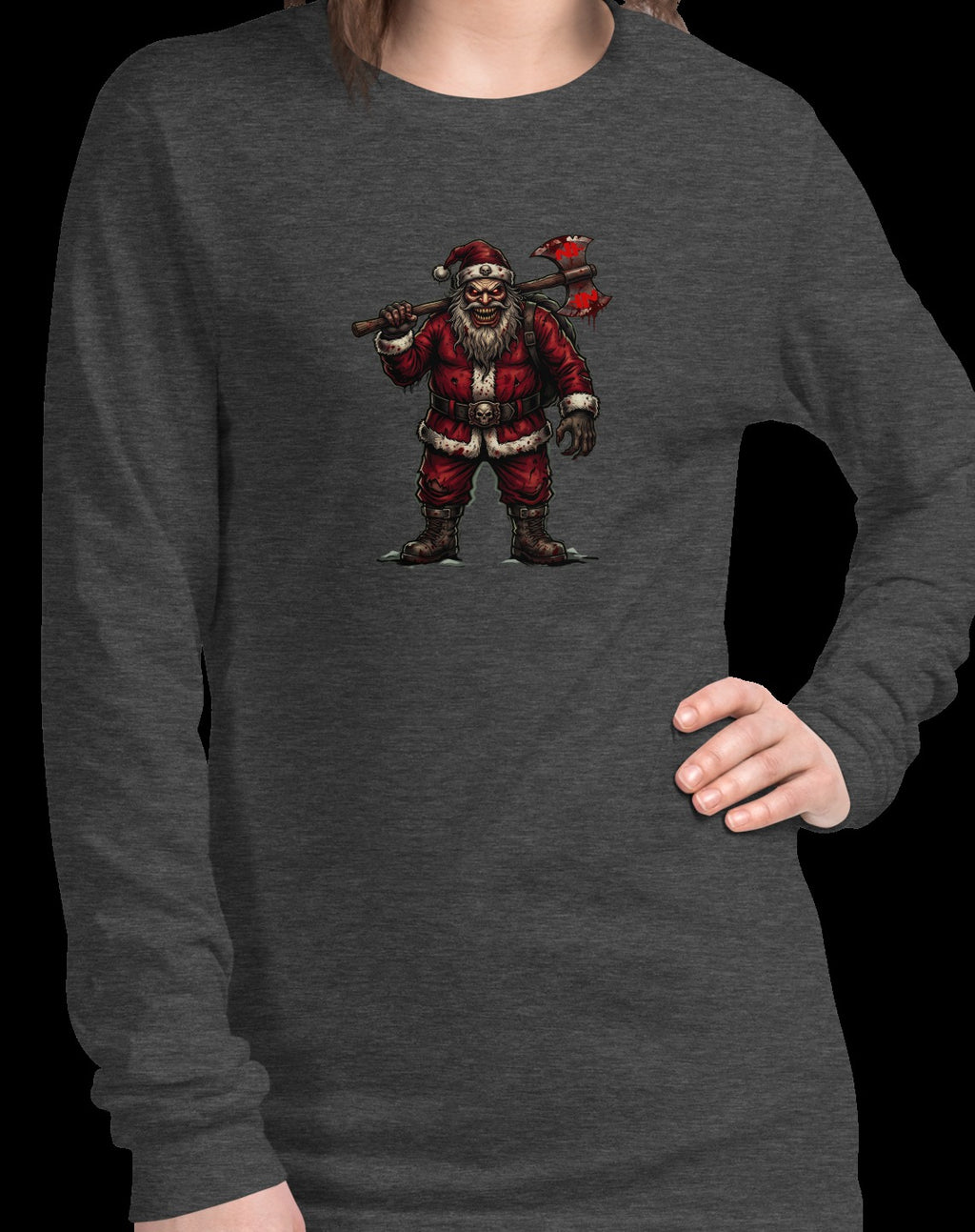 Santa Clause Unisex Long Sleeve Tee, Dark Grey Heather, model wearing shirt