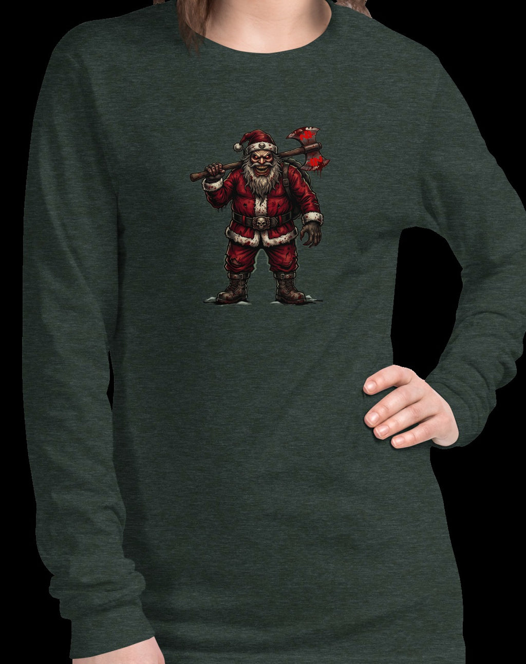 Santa Clause Unisex Long Sleeve Tee, Heather Forest, model wearing shirt