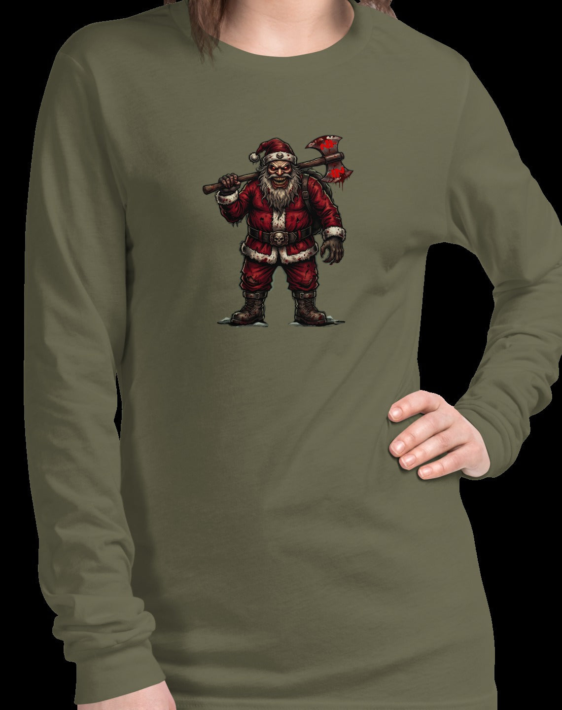 Santa Clause Unisex Long Sleeve Tee, Military Green, model wearing shirt
