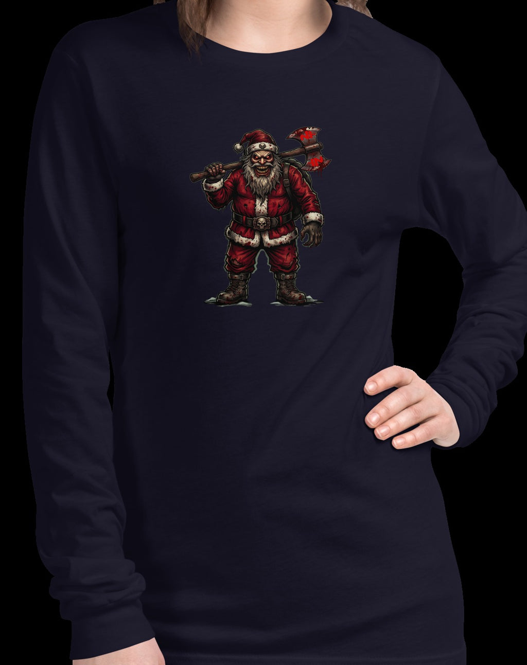 Santa Clause Unisex Long Sleeve Tee, Navy, model wearing shirt