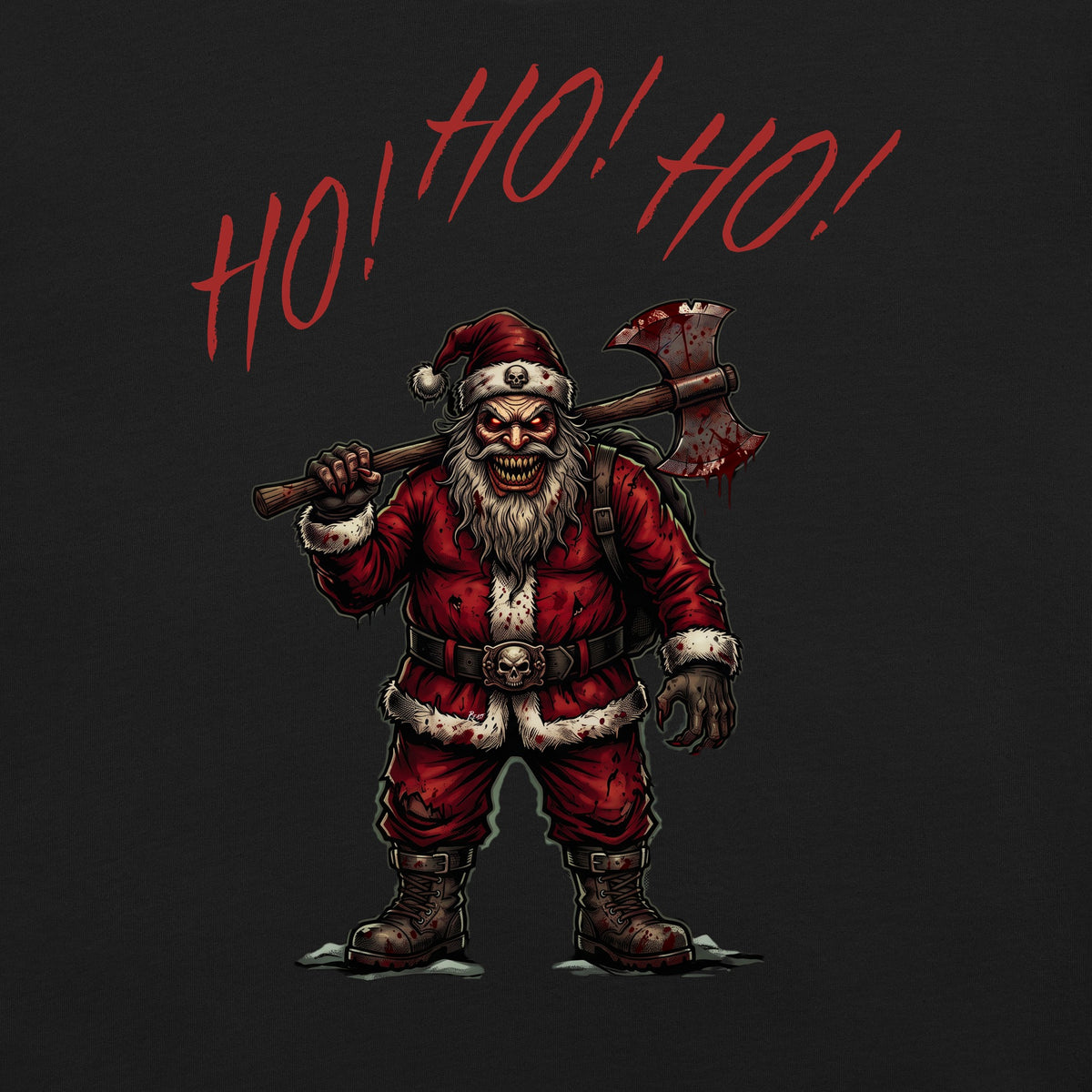 Ho Ho Ho Santa Clause close-up graphic on Black womens tee