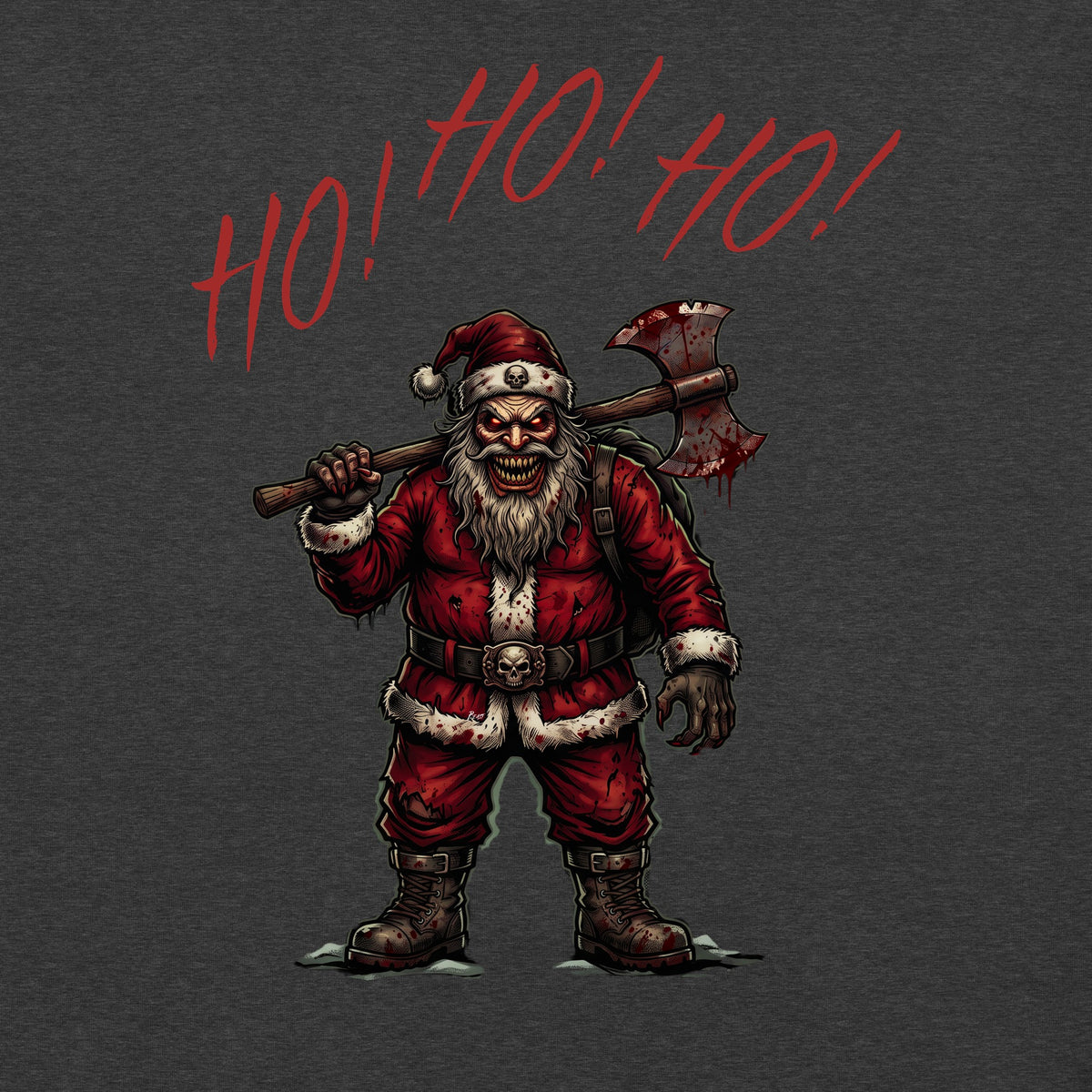 Ho Ho Ho Santa Clause close-up graphic on Dark Grey Heather womens tee