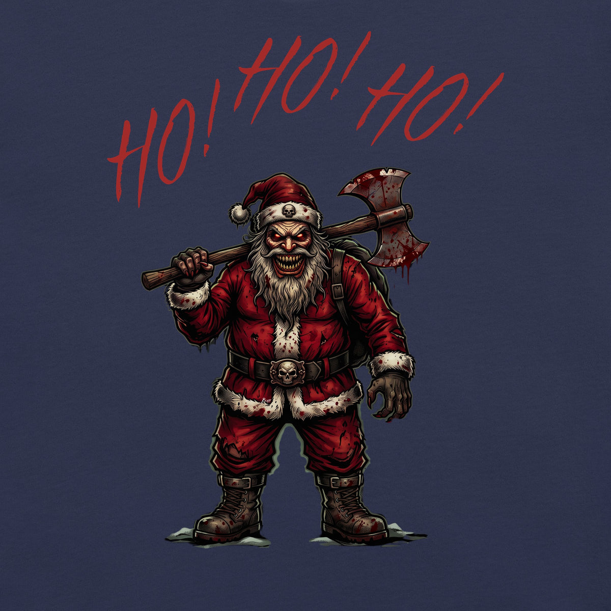 Ho Ho Ho Santa Clause close-up graphic on Navy womens tee