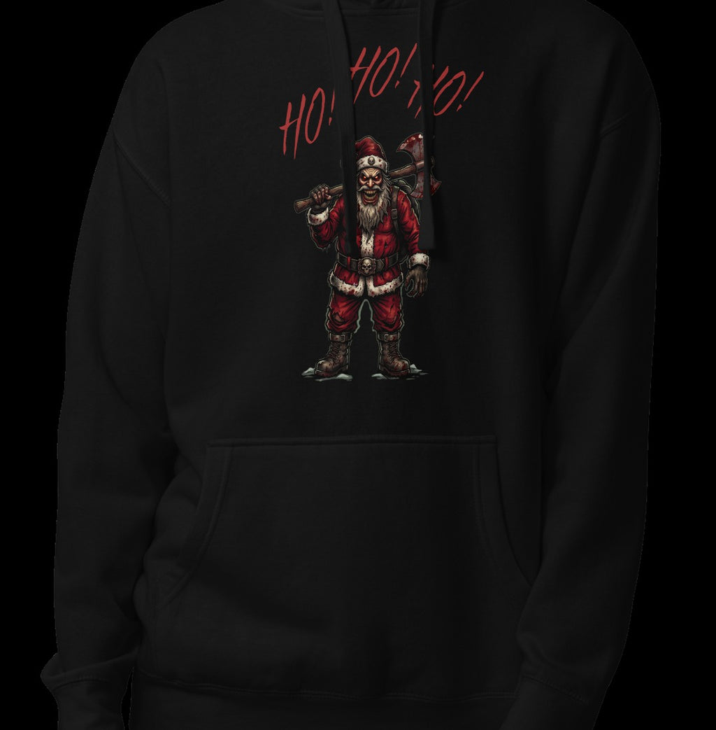Ho Ho Ho Santa Clause Unisex Hoodie, Black, model wearing hoodie with Santa graphic