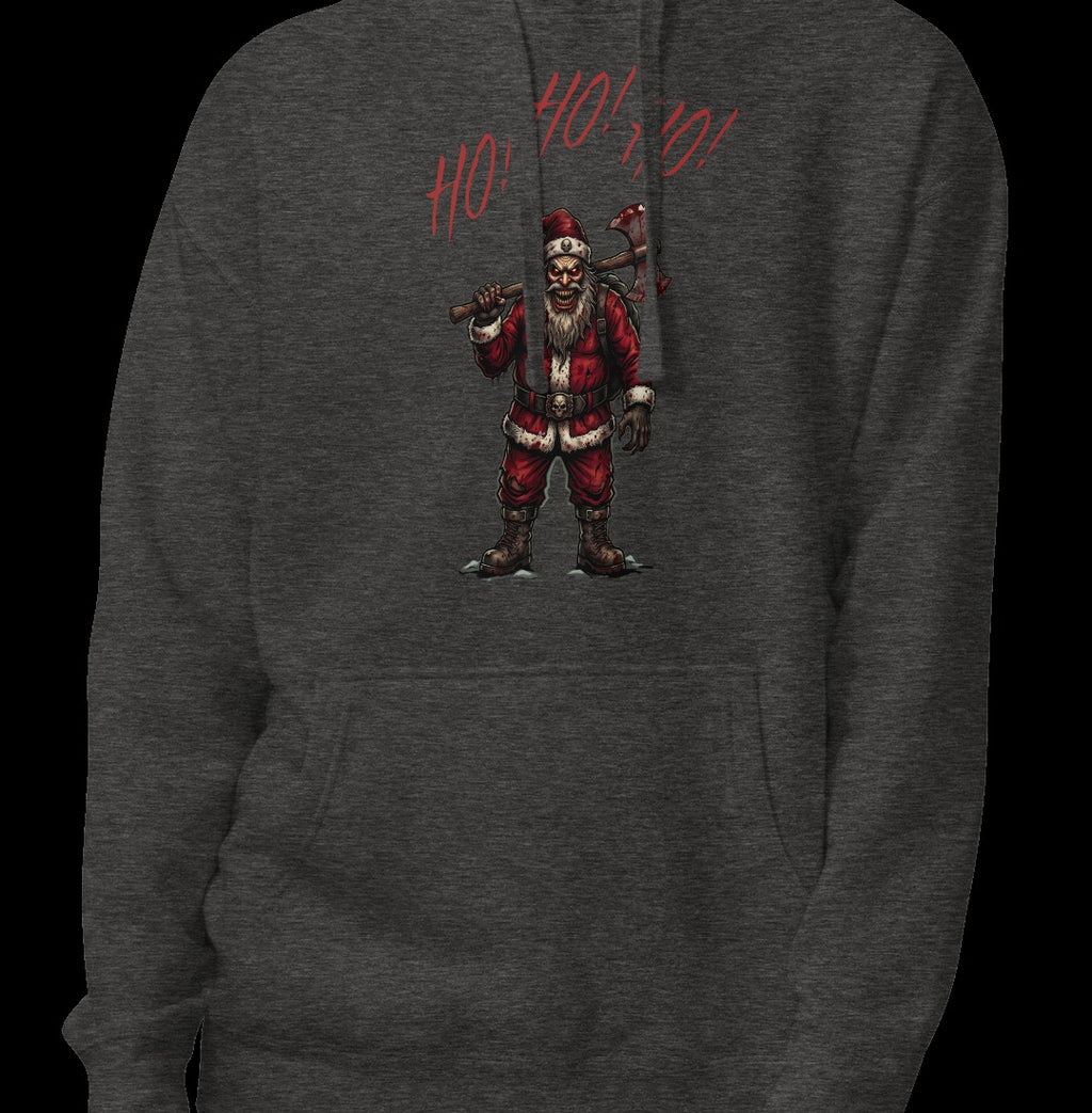 Ho Ho Ho Santa Clause Unisex Hoodie, Charcoal Heather, model wearing hoodie with Santa graphic