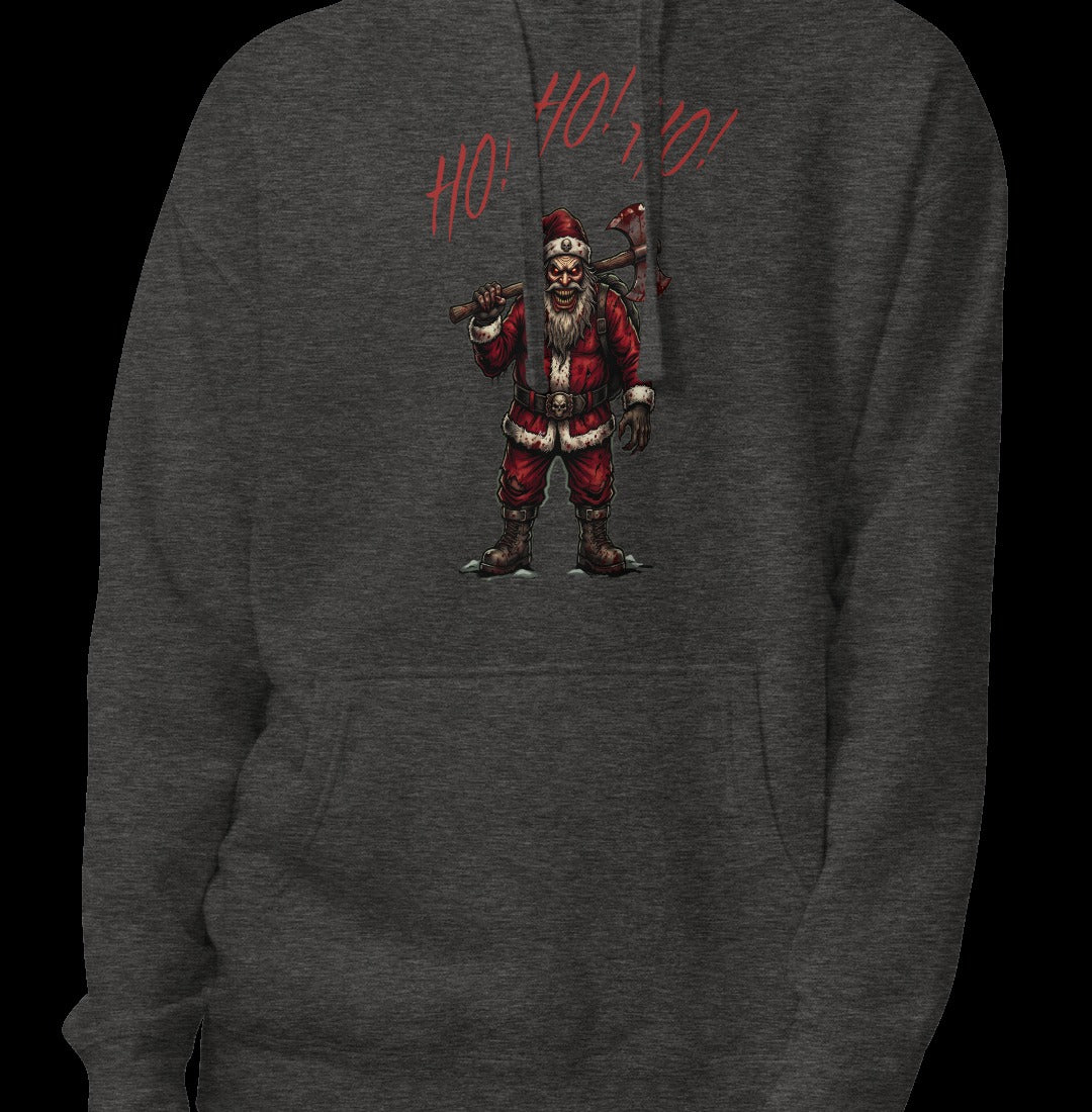 Ho Ho Ho Santa Clause Unisex Hoodie, Charcoal Heather, model wearing hoodie with Santa graphic