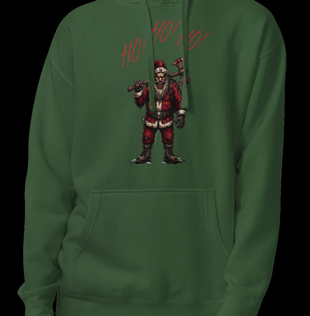 Ho Ho Ho Santa Clause Unisex Hoodie, Forest Green, model wearing hoodie with Santa graphic