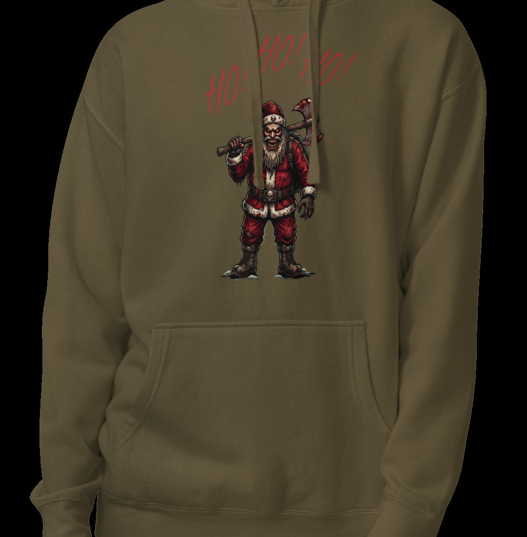 Ho Ho Ho Santa Clause Unisex Hoodie, Military Green, model wearing hoodie with Santa graphic