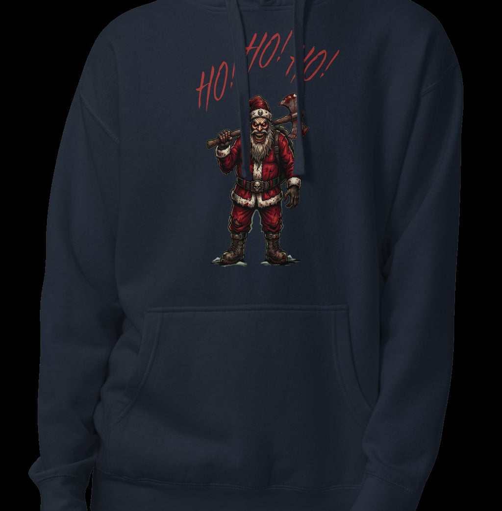 Ho Ho Ho Santa Clause Unisex Hoodie, Navy Blazer, model wearing hoodie with Santa graphic