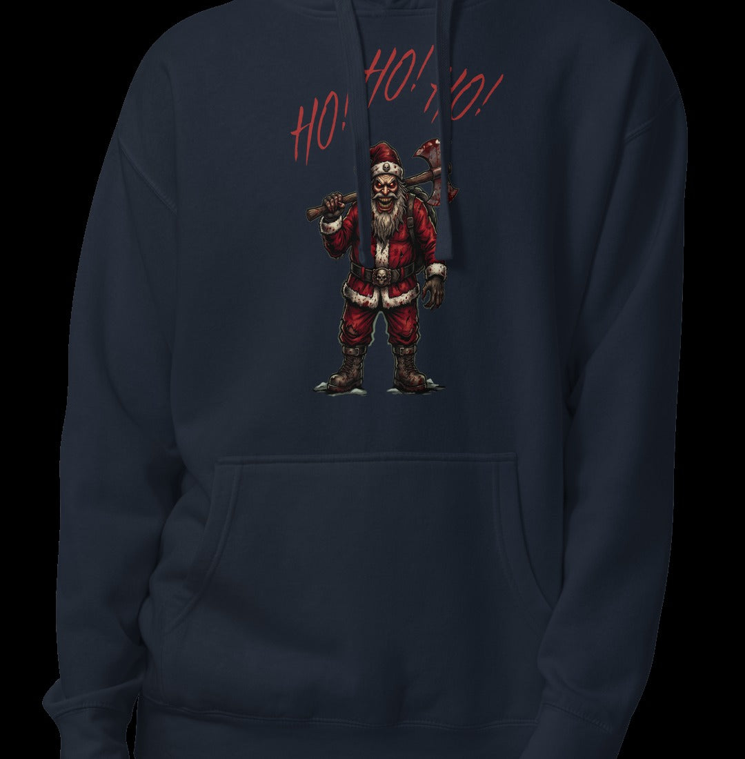 Ho Ho Ho Santa Clause Unisex Hoodie, Navy Blazer, model wearing hoodie with Santa graphic