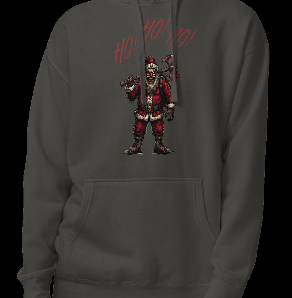 Ho Ho Ho Santa Clause Unisex Hoodie, Vintage Black, model wearing hoodie with Santa graphic