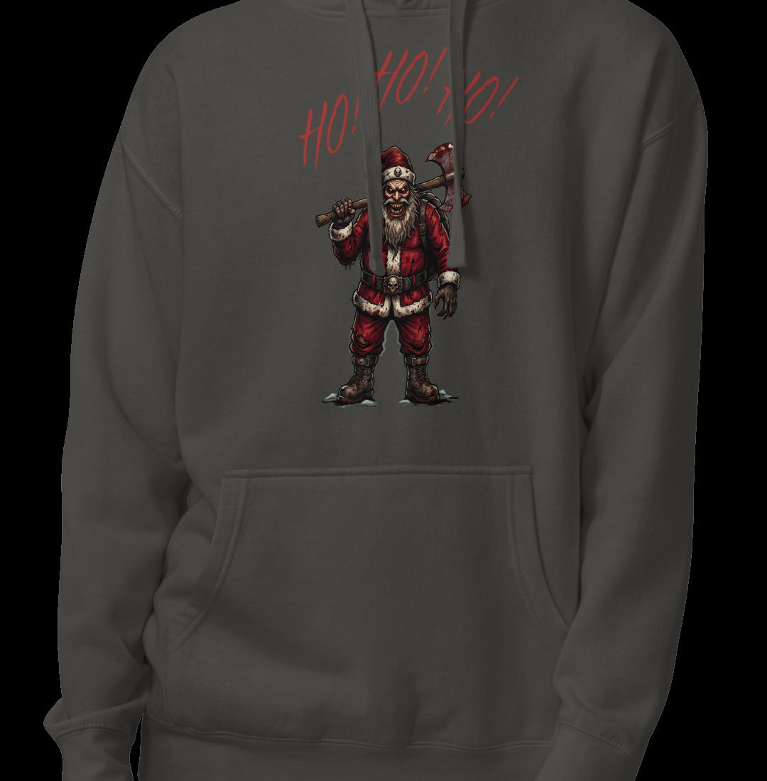 Ho Ho Ho Santa Clause Unisex Hoodie, Vintage Black, model wearing hoodie with Santa graphic