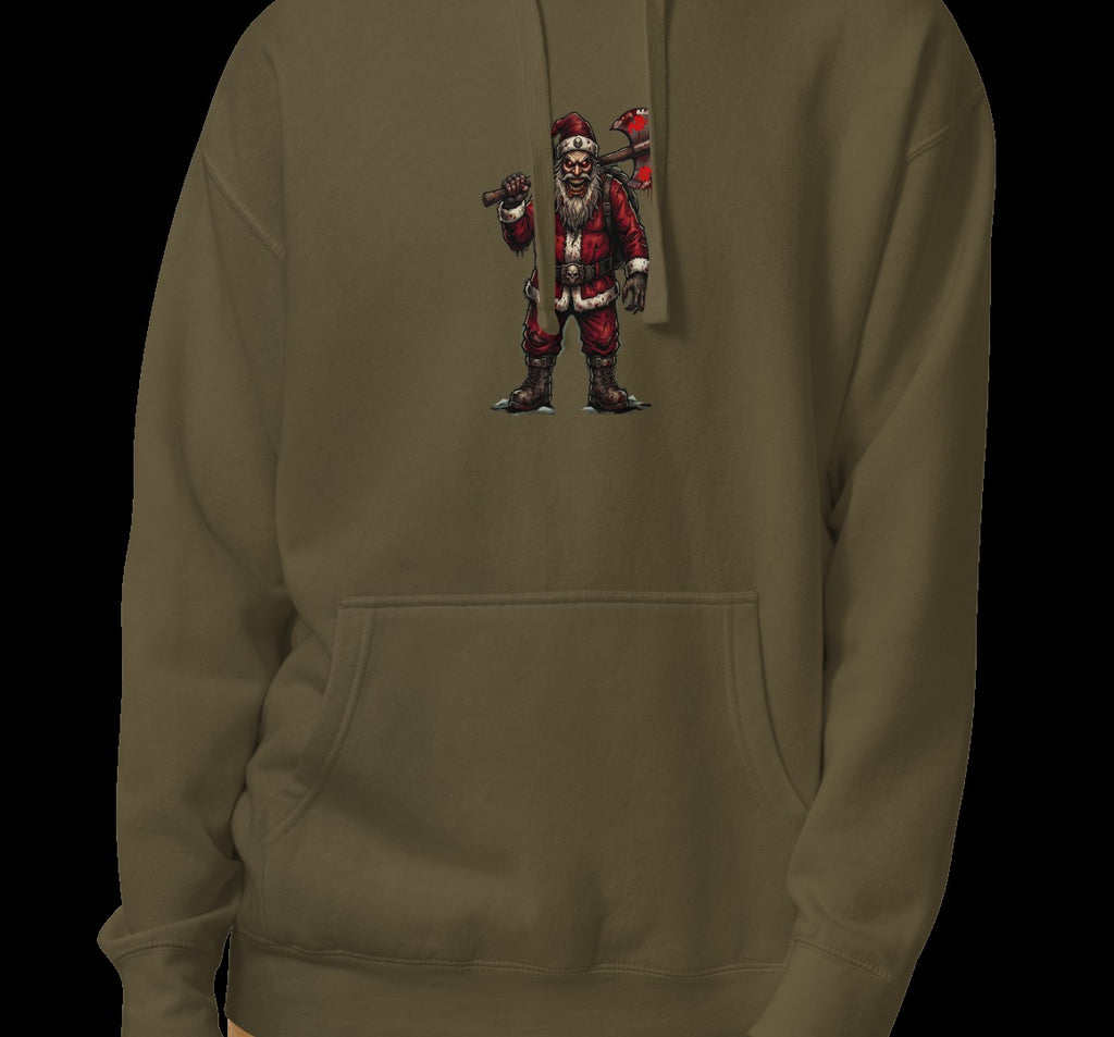 Santa Clause Unisex Hoodie, Military Green, model wearing hoodie