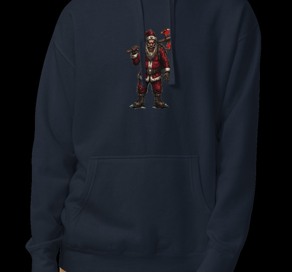 Santa Clause Unisex Hoodie, Navy Blazer, model wearing hoodie