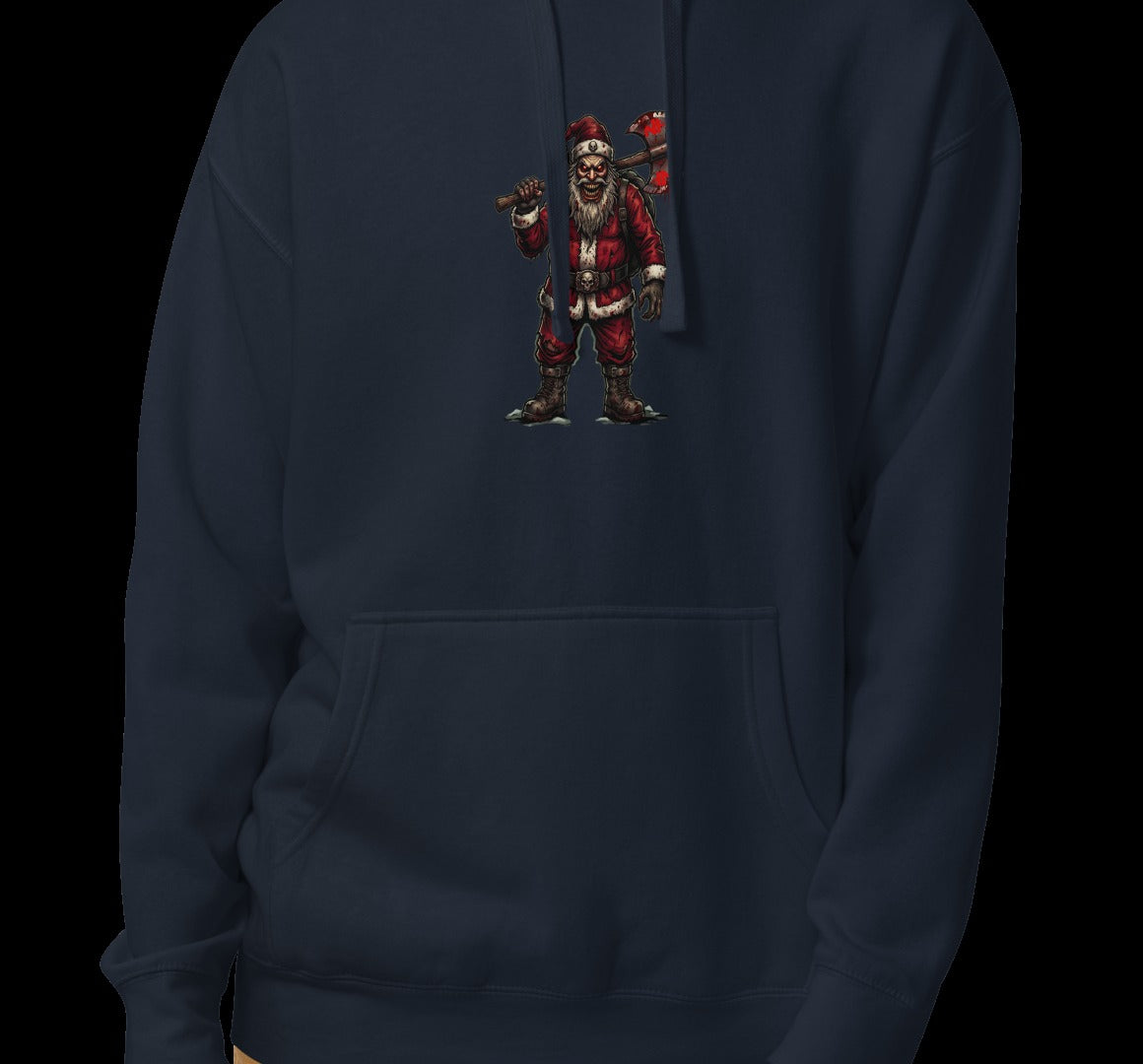 Santa Clause Unisex Hoodie, Navy Blazer, model wearing hoodie