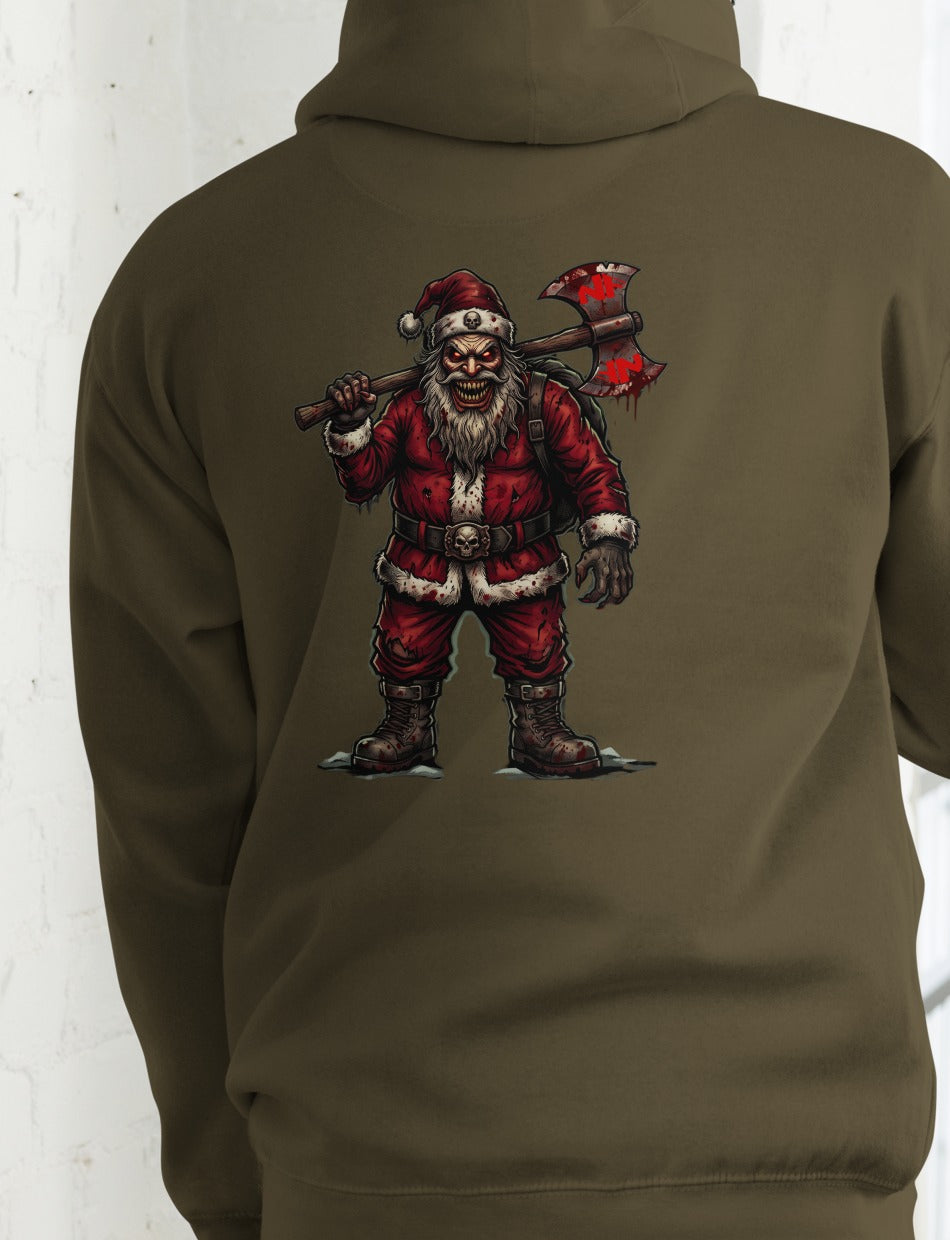 Santa Clause Signature Hoodie, Military Green, back, model wearing hoodie