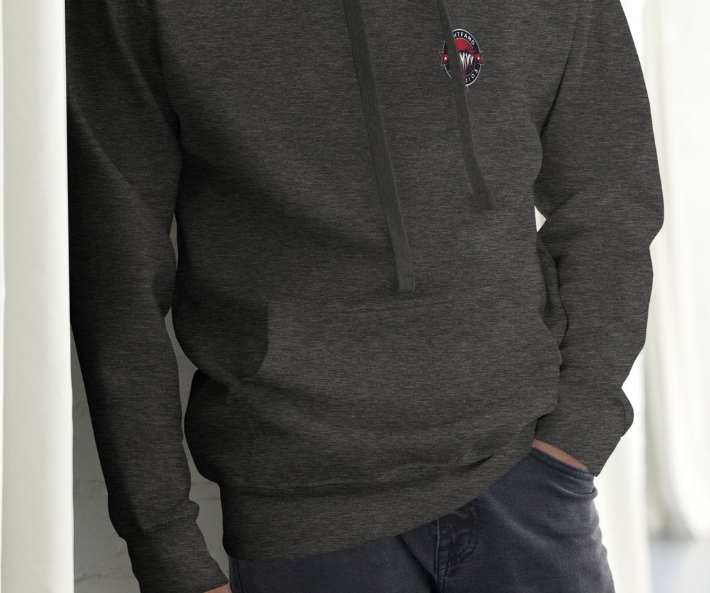 Santa Clause Signature Hoodie, Charcoal Heather, front, model wearing hoodie