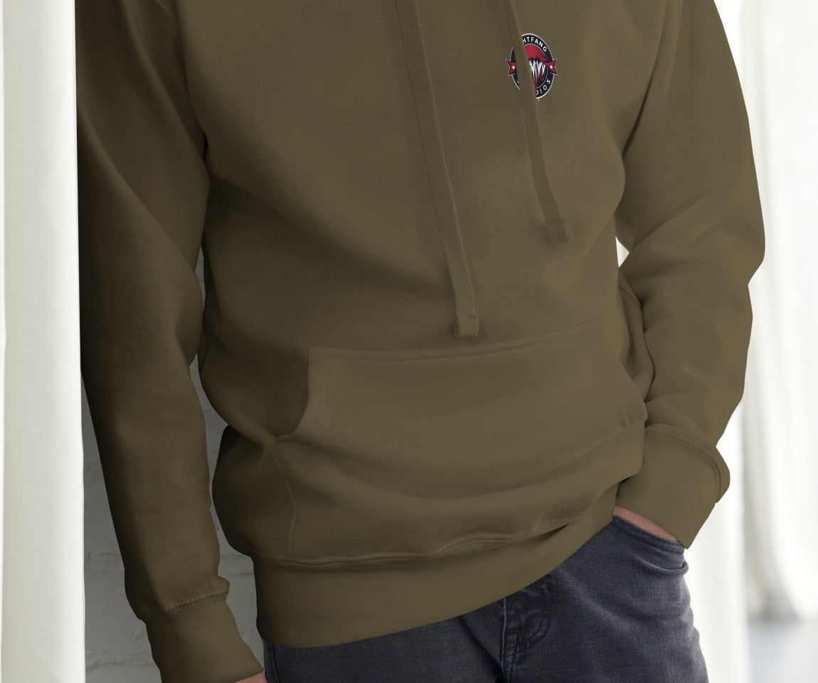 Santa Clause Signature Hoodie, Military Green, front, model wearing hoodie