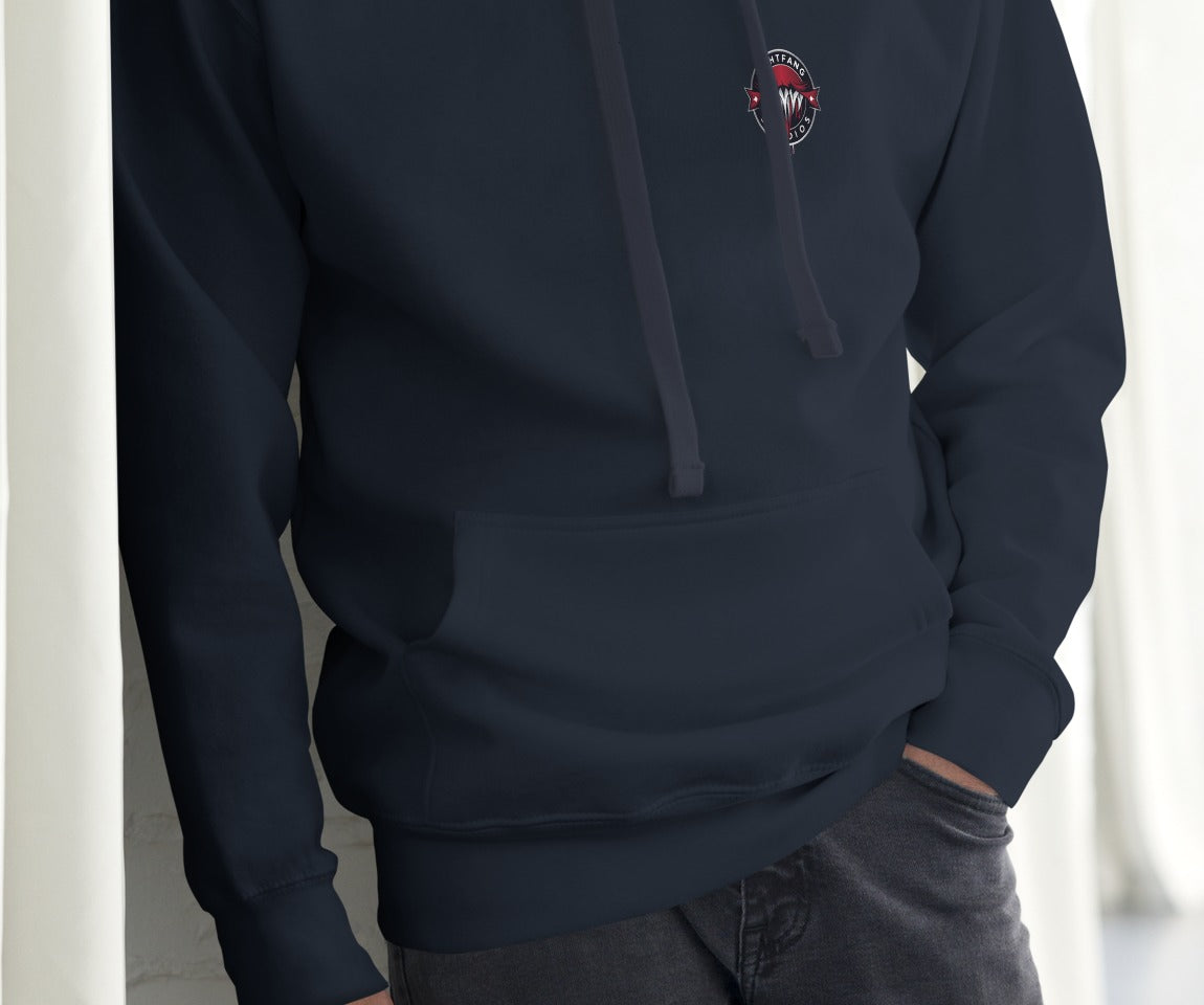 Santa Clause Signature Hoodie, Navy Blazer, front, model wearing hoodie