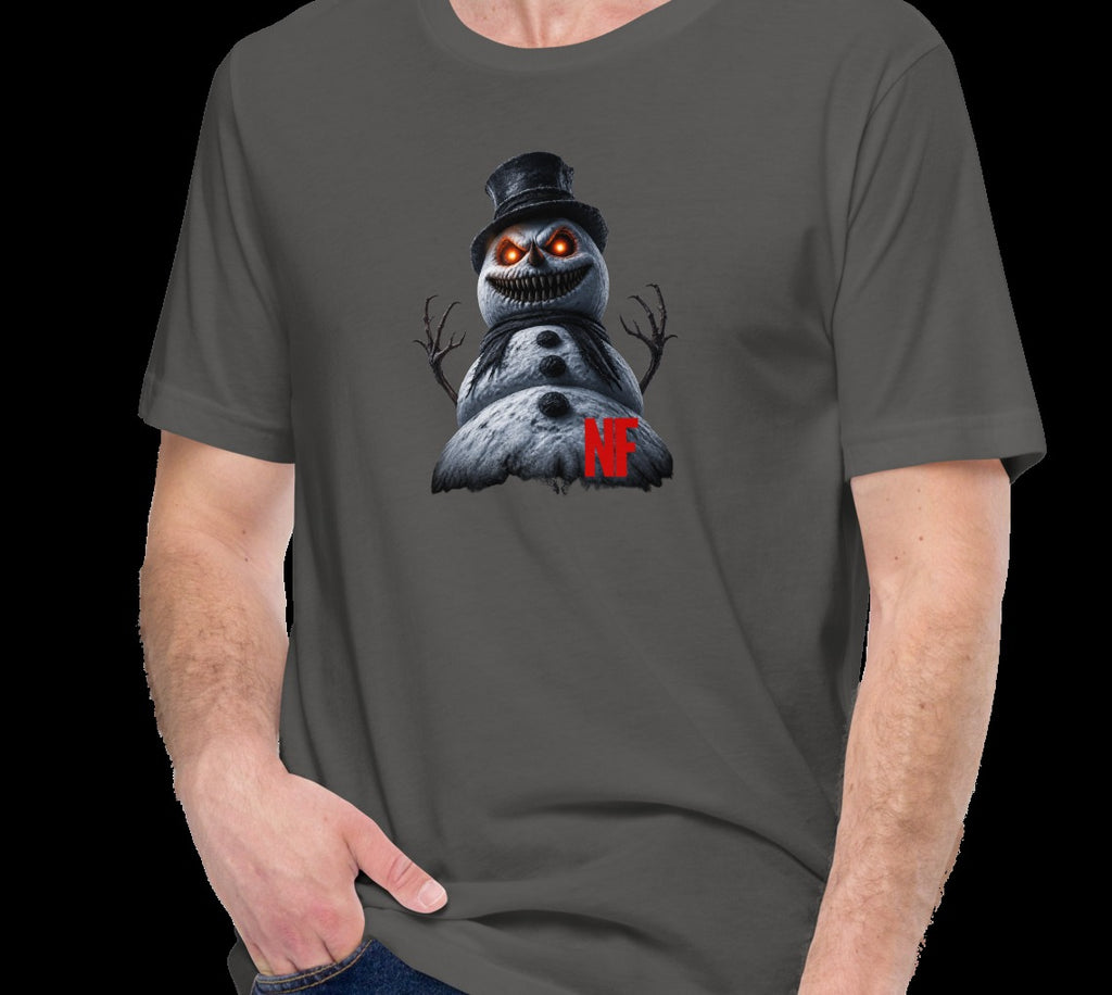 Horrible Snowman Unisex Tee, Asphalt, model wearing tee