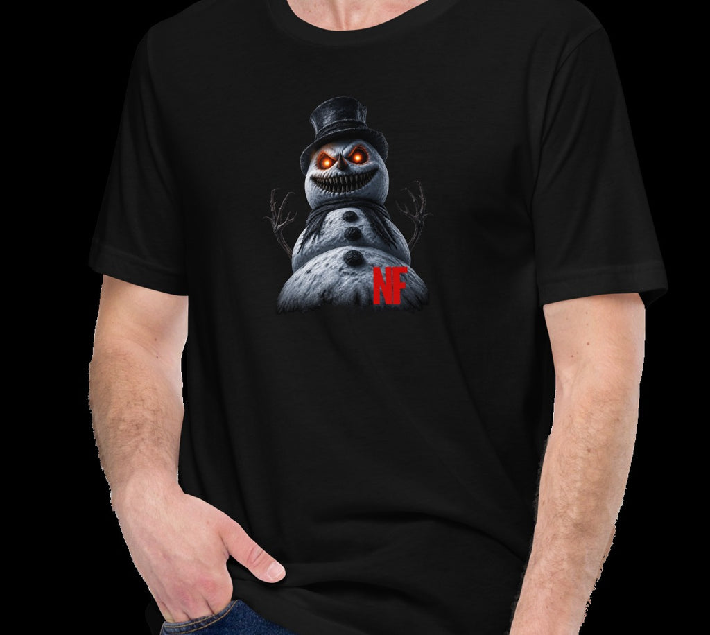 Horrible Snowman Unisex Tee, Black, model wearing tee