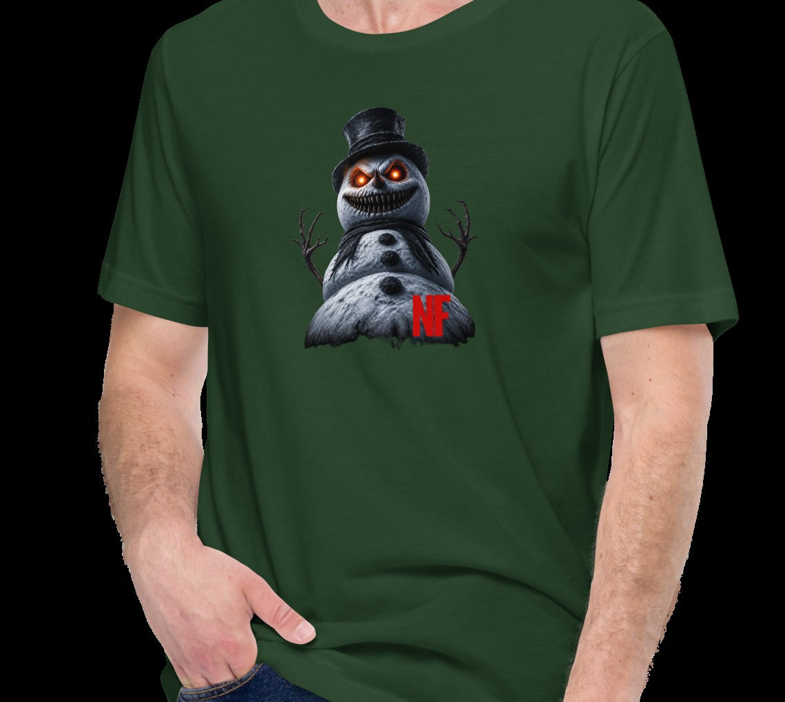 Horrible Snowman Unisex Tee, Forest, model wearing tee